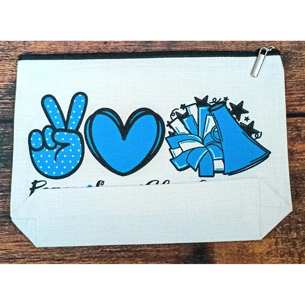 Peace Love Cheerleading Blue Canvas Makeup Bag Zipper Pouch Travel Toiletry Case